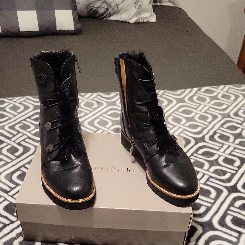 Franco Sarto Black Lace Up Boots with Fur Trim